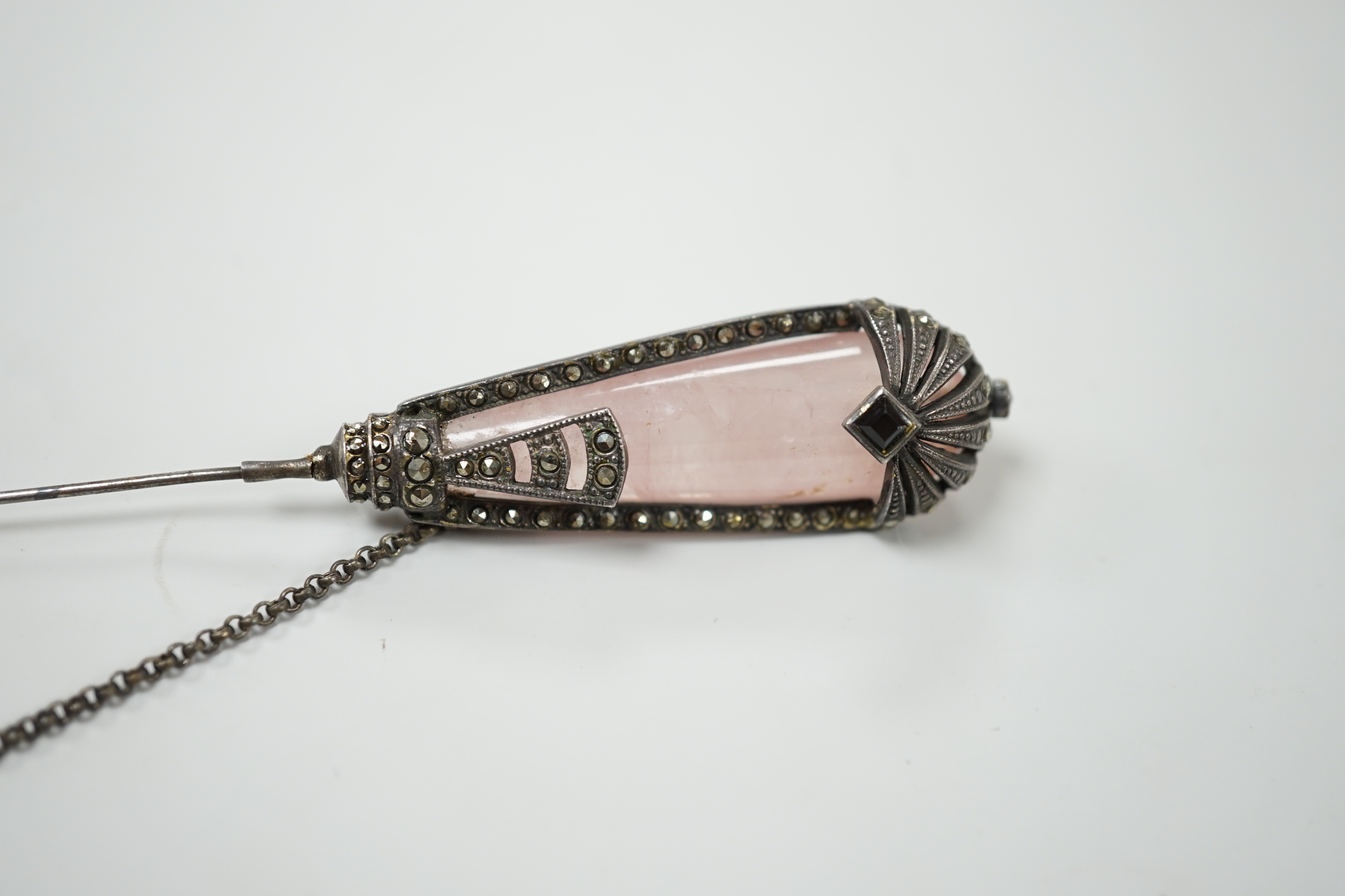 A 1920's rose quartz and marcasite set jabot? pin, 12.3cm.